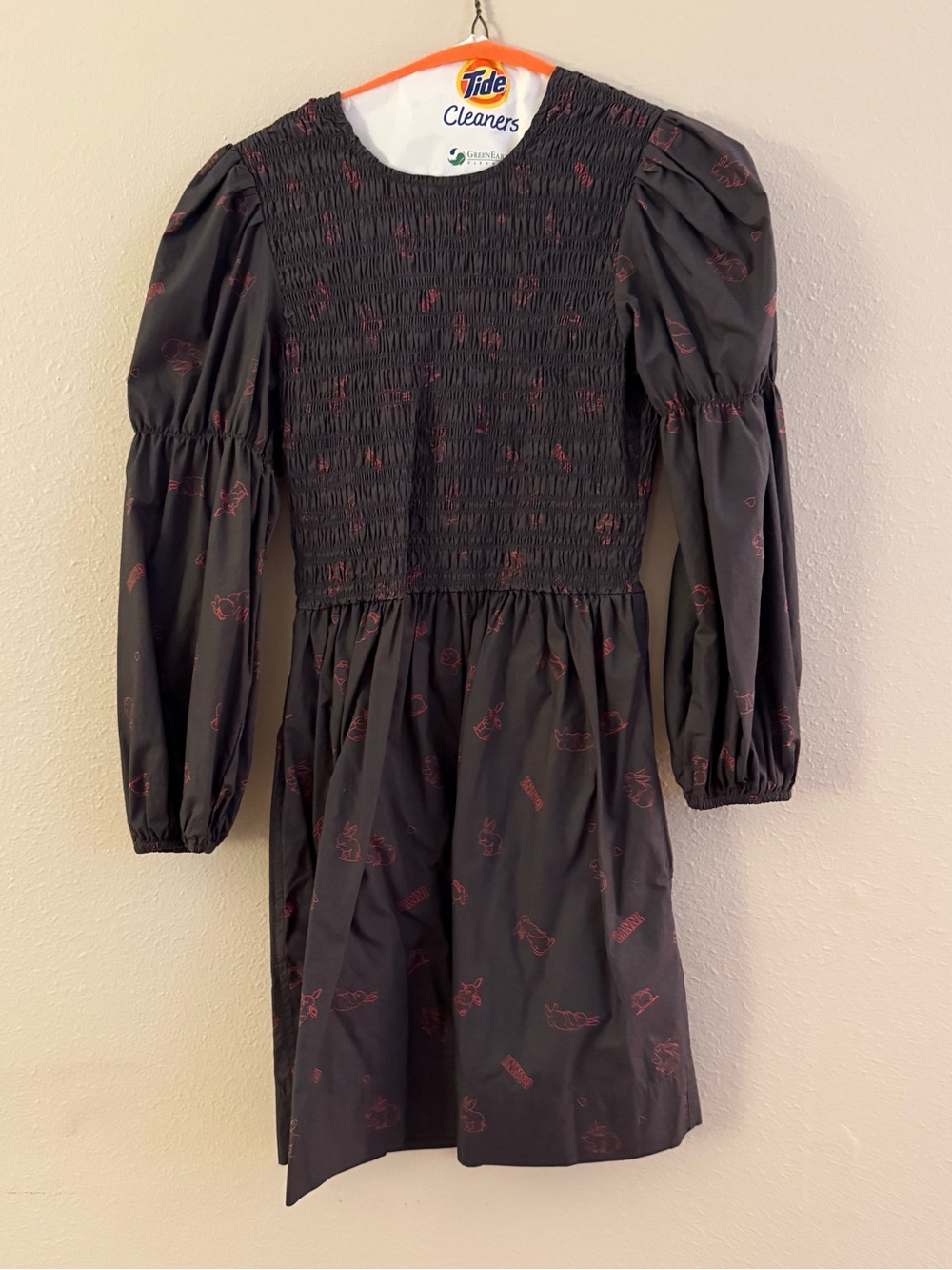 Ganni Black Long-Sleeve Smocked Mini Dress with Red Motif